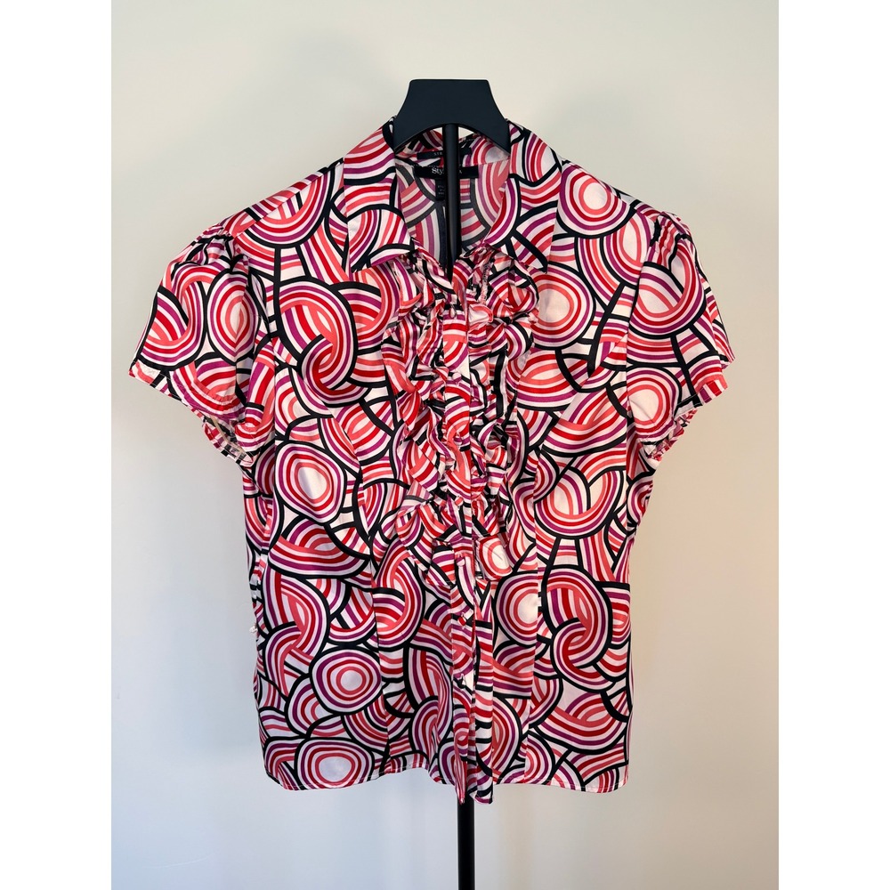 Style & Co Women Pink Red Swirl Ruffle Front Button Blouse Size 12 Short Sleeve